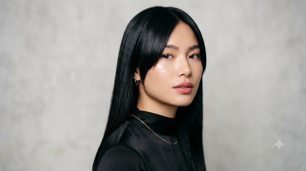 Sleek Straight Long Hair with Sharp Curtain Bangs